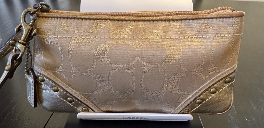 Coach Gold Canvas And Leather Studded Wristlet